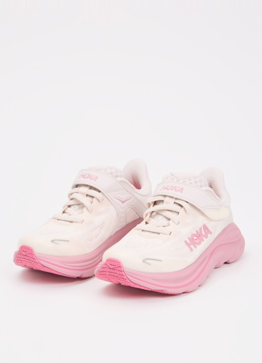 HOKA Clifton 10 hardloopschoen met gebreid bovenwerk en logo - voorkant 4 roze