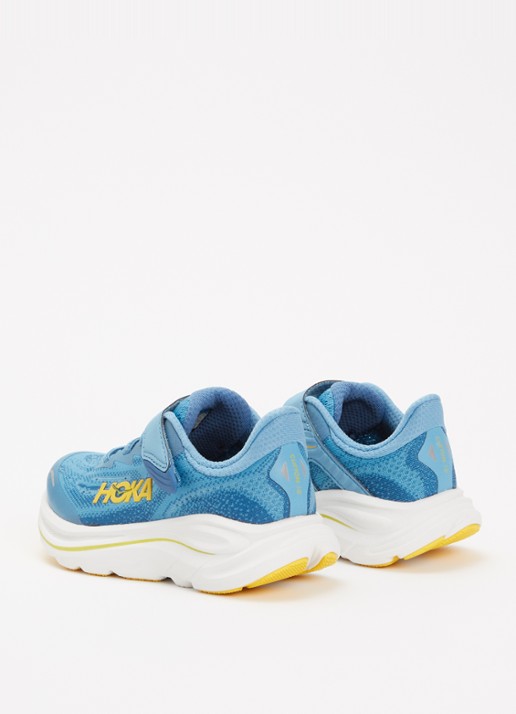 HOKA Clifton 10 hardloopschoen met gebreid bovenwerk en logo - achterkant 4 blauw