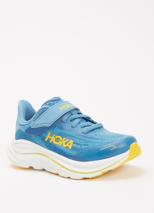 HOKA Clifton 10 hardloopschoen met gebreid bovenwerk en logo - voorkant blauw