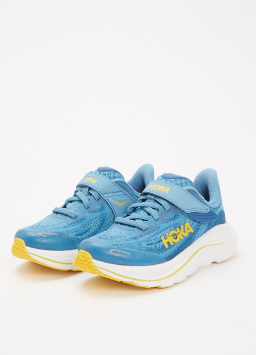 HOKA Clifton 10 hardloopschoen met gebreid bovenwerk en logo - voorkant 2 blauw