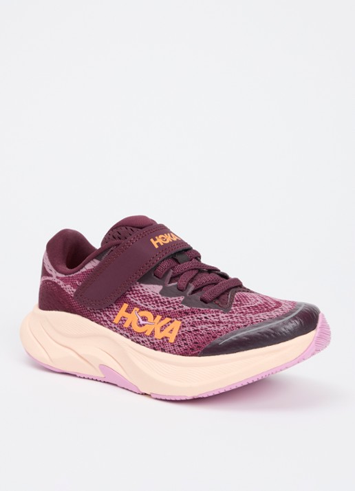 HOKA Rincon 4 hardloopschoen met gebreid bovenwerk en logo - voorkant 3 fuchsia