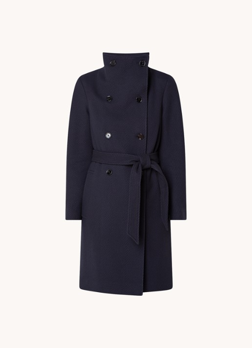 HUGO BOSS Cedandy1 double-breasted mantel in wolblend met strikceintuur - voorkant blauw