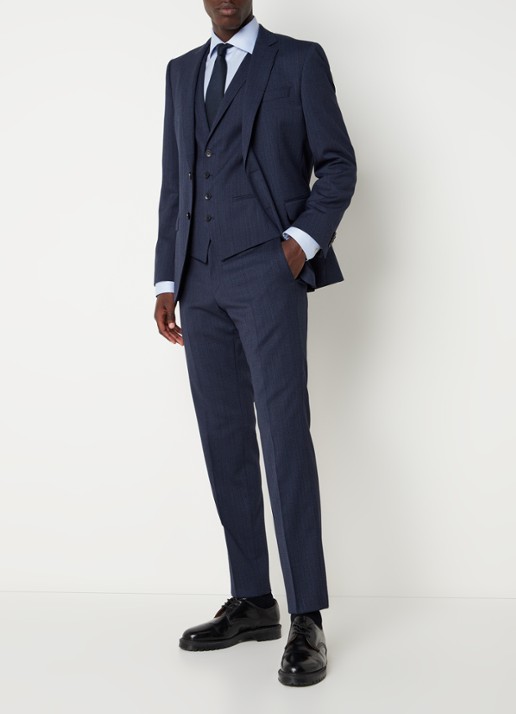 HUGO BOSS H-Huge slim fit 3-delig pak van wol met klepzakken  - voorkant donkerblauw