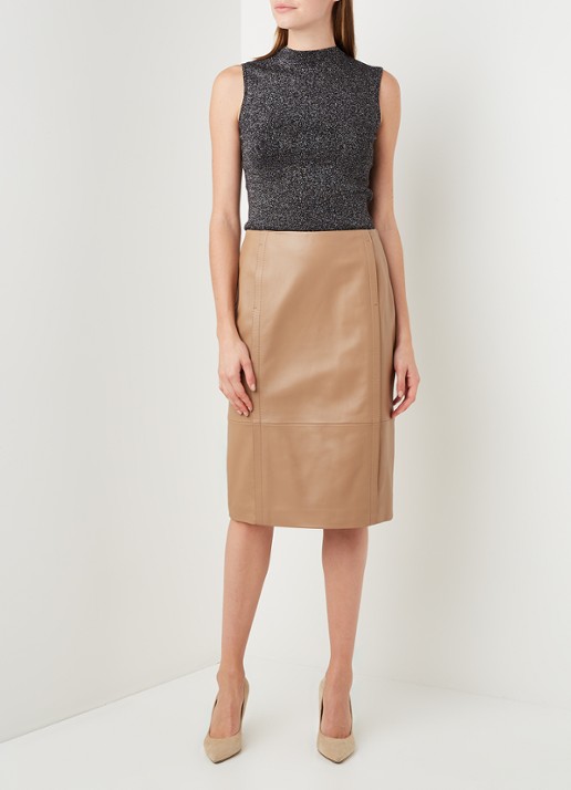 HUGO BOSS Sepassa midirok van leer met doorgestikte details - voorkant 2 camel