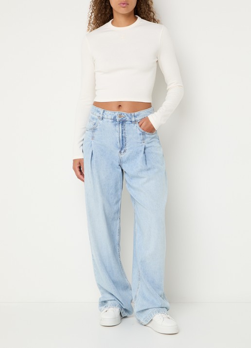 HUGO Dafilomena cropped longsleeve met logoborduring - voorkant 4 creme