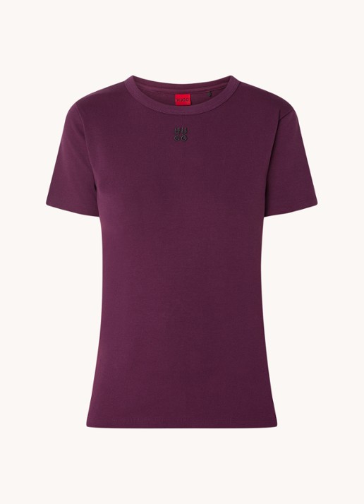 HUGO Deloris T-shirt met logoborduring - voorkant 2 aubergine