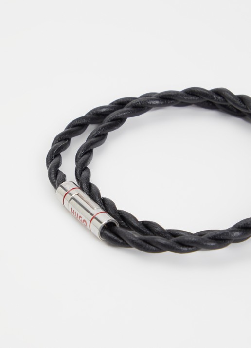 HUGO Dubbelgewikkelde armband van gevlochten leer - detail 2 zwart