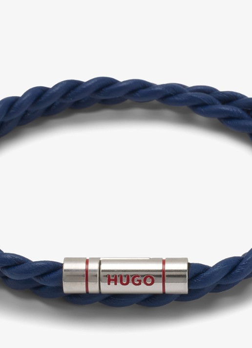 HUGO Dubbelgewikkelde armband van gevlochten leer - detail donkerblauw