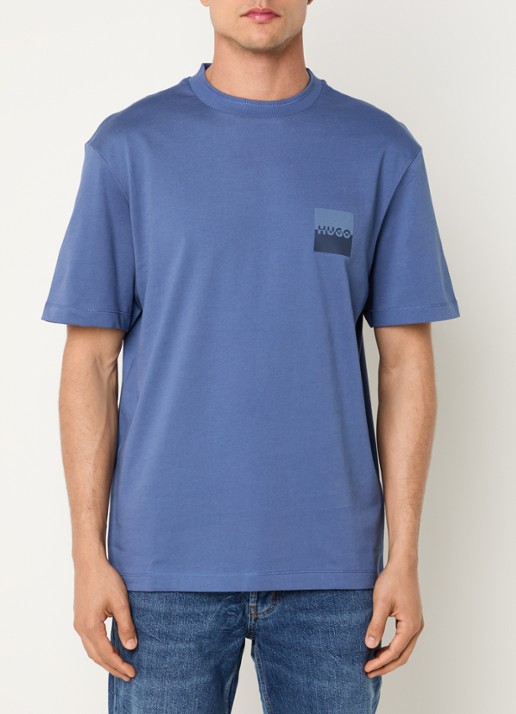 HUGO Dusplito T-shirt met logo- en backprint - achterkant staalblauw