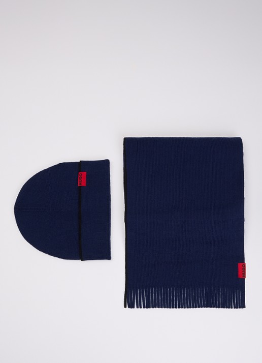 HUGO Fijngebreide muts en sjaal 172 x 23 cm in giftbox - voorkant 2 royalblauw