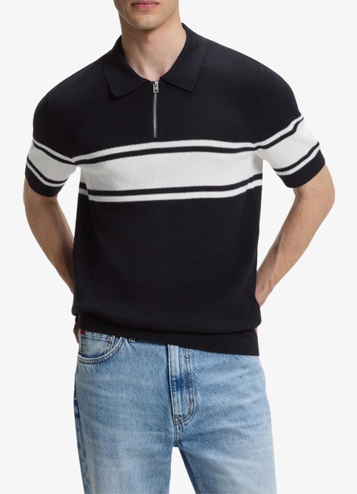HUGO Fijngebreide polo met halve rits - detail dark blue-405 / blauw