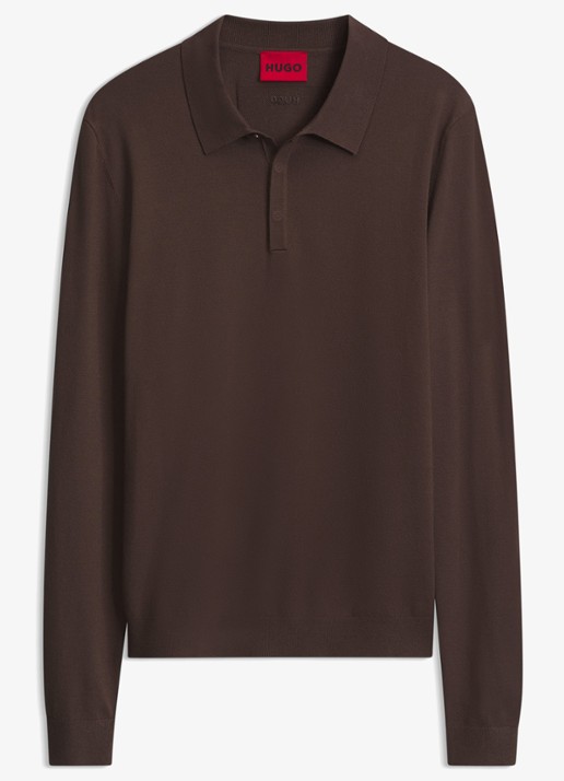 HUGO Fijngebreide polo met logo - voorkant 3 bruin