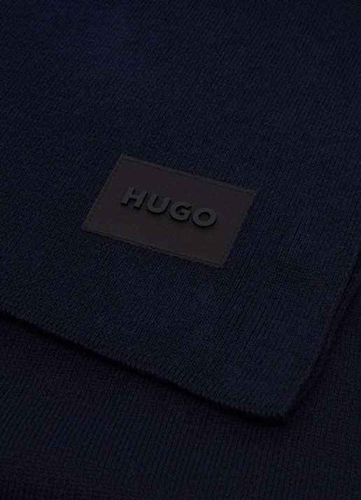 HUGO Fijngebreide sjaal van katoen met logo 180 x 30 cm  - detail 3 donkerblauw