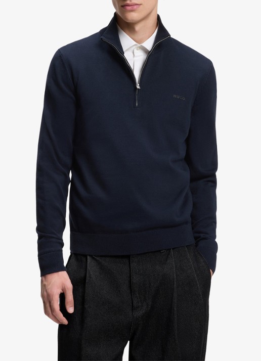 HUGO Fijngebreide trui met halve rits - detail donkerblauw