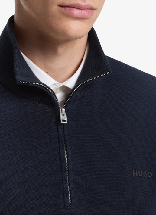 HUGO Fijngebreide trui met halve rits - detail 2 donkerblauw