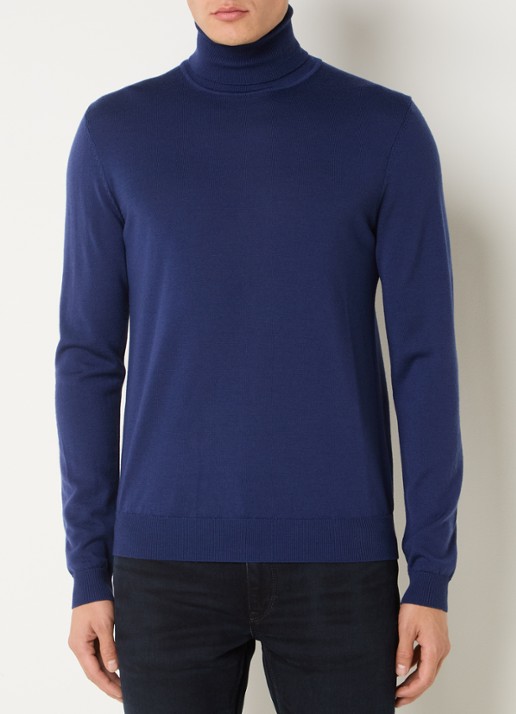 HUGO Fijngebreide trui van wol met col - detail royalblauw