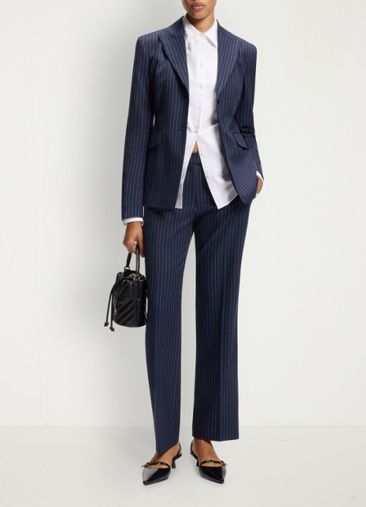 HUGO Mid waist flared fit pantalon met streepprint - voorkant 2 donkerblauw