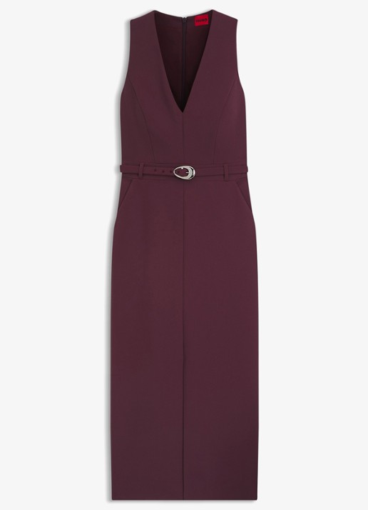 HUGO Midi jurk met V-hals en ceintuur - voorkant aubergine