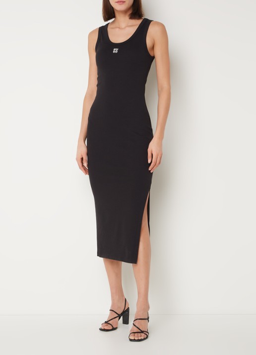 HUGO Nalimera midi kokerjurk met logo en split - detail black-001 / zwart