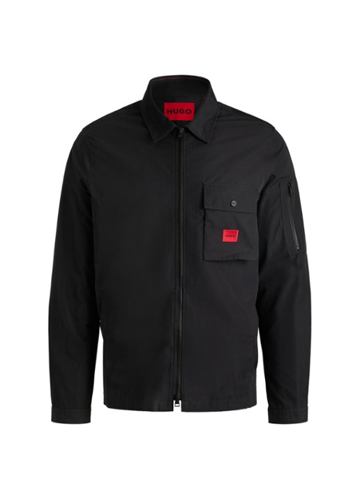 HUGO Overshirt van canvas en een katoenmix met ritssluiting en logolabel - voorkant 4 black-001 / zwart