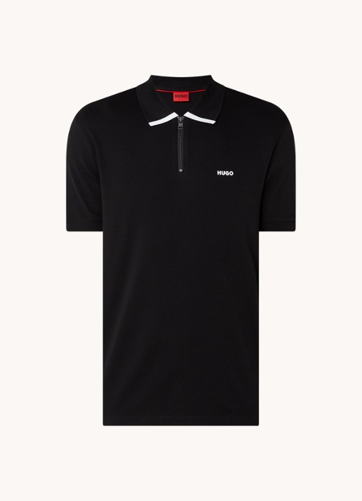 HUGO Polo van katoenpiqué met contrastlogo - voorkant 5 black-001 / zwart
