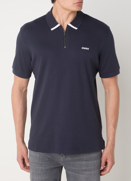 HUGO Polo van katoenpiqué met contrastlogo - detail 4 dark blue-405 / blauw