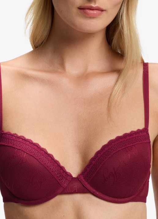 HUGO Push-up bh van mesh met kant en logoborduring - detail 4 bordeauxrood