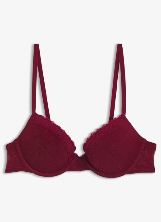 HUGO Push-up bh van mesh met kant en logoborduring - voorkant bordeauxrood