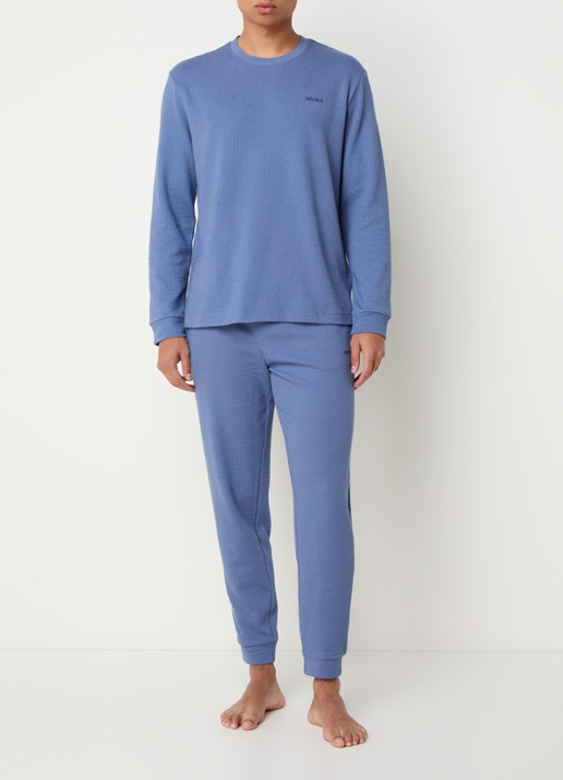 HUGO Pyjama-T-shirt van een katoenmix met wafelstructuur - voorkant 4 blauw