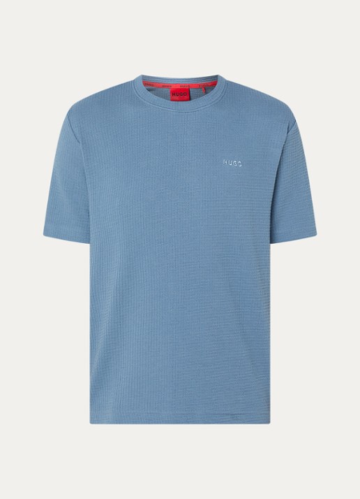 HUGO Pyjamashirt met wafelstructuur en logostiksel - voorkant 3 open blue-496 / blauw