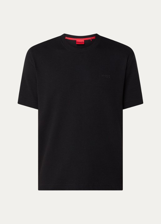 HUGO Pyjamashirt met wafelstructuur en logostiksel - voorkant 5 black-001 / zwart