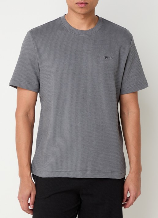 HUGO Pyjamashirt met wafelstructuur en logostiksel - detail open grey-086 / grijs