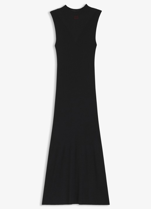 HUGO Ribgebreide maxi jurk met opstaande kraag - voorkant 4 black-001 / zwart