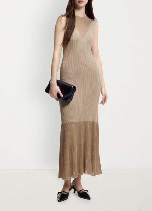 HUGO Ribgebreide maxi jurk met opstaande kraag - voorkant 5 light/pastel brown-232 / bruin
