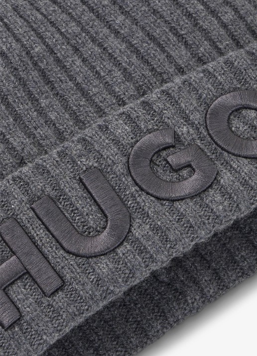 HUGO Ribgebreide muts van wol met logoborduring - detail 2 donkergrijs