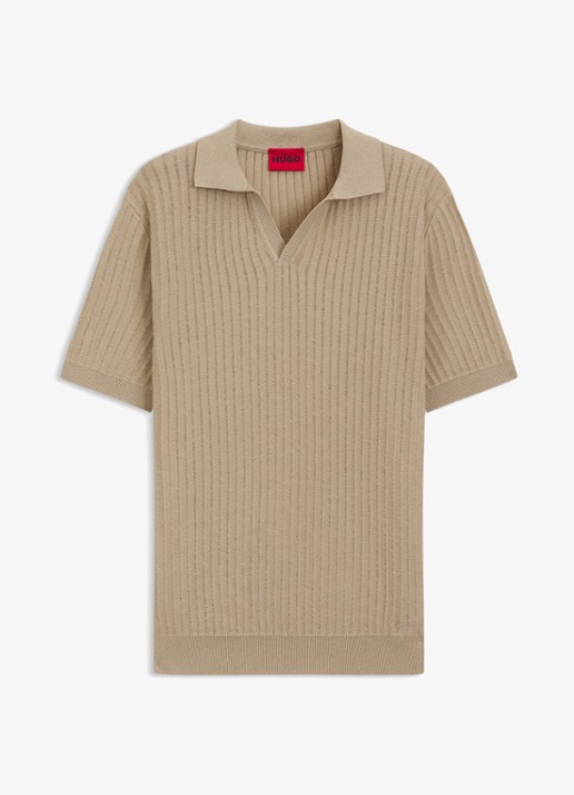 HUGO Ribgebreide polo in katoenblend - voorkant beige