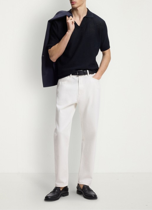 HUGO Ribgebreide polo in katoenblend - voorkant 4 donkerblauw
