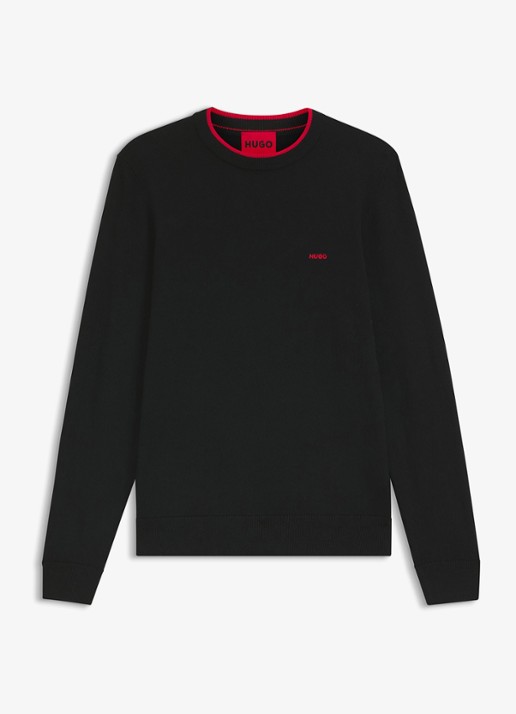 HUGO San Cudo fijngebreide pullover met logoborduring - voorkant 2 zwart