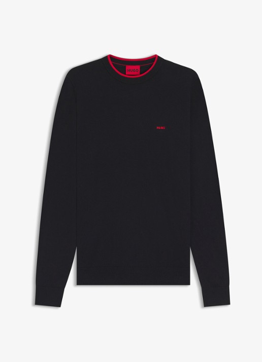 HUGO San Cudo fijngebreide pullover met logoborduring - voorkant 2 donkerblauw