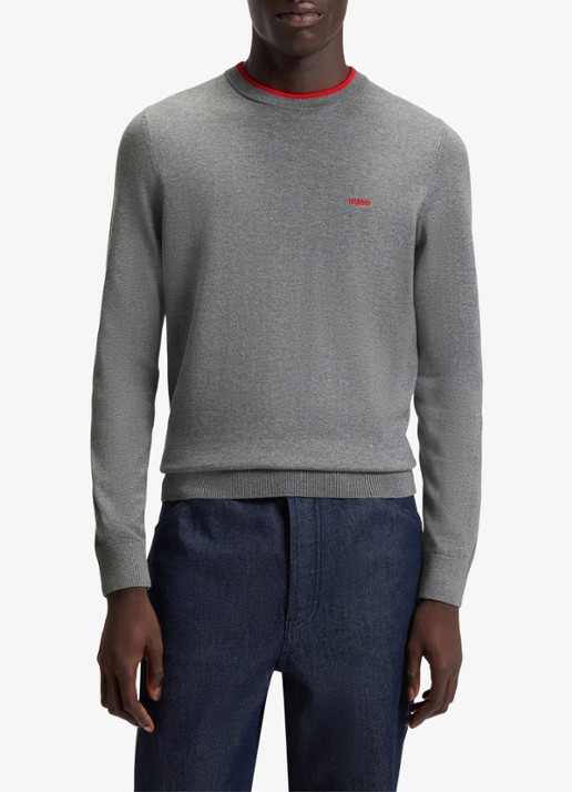 HUGO San Cudo fijngebreide pullover met logoborduring - detail grijs