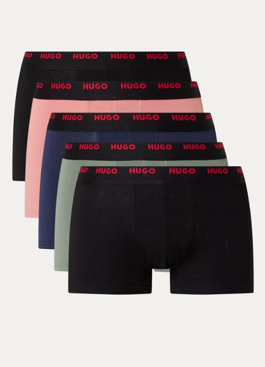HUGO Set van vijf korte boxershorts met logotailleband van stretchkatoen - voorkant 3 donkerblauw