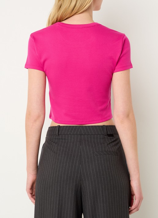 HUGO Slim-fit T-shirt van een katoenmix met logostiksel - achterkant 4 fuchsia