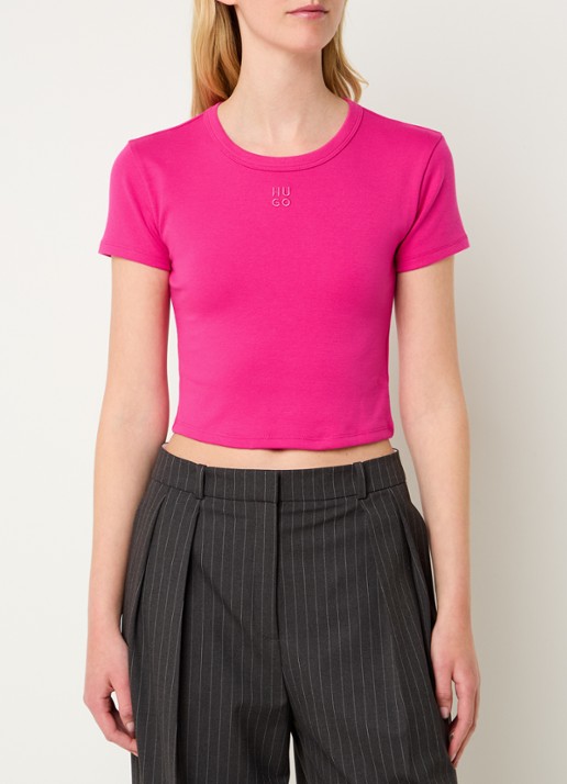 HUGO Slim-fit T-shirt van een katoenmix met logostiksel - detail 3 fuchsia