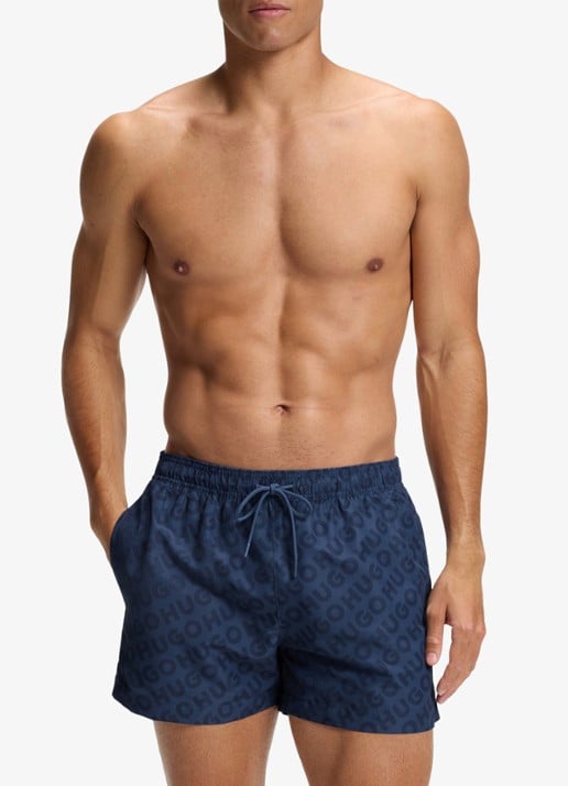 HUGO Sneldrogende zwemshort met logoprint - detail donkerblauw