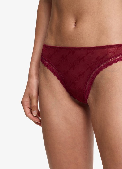 HUGO String van mesh met kant en logoborduring - detail 3 bordeauxrood