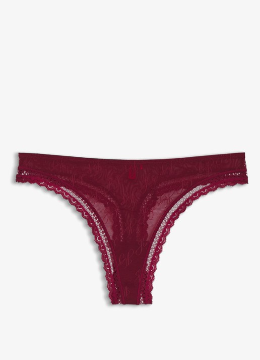 HUGO String van mesh met kant en logoborduring - voorkant bordeauxrood