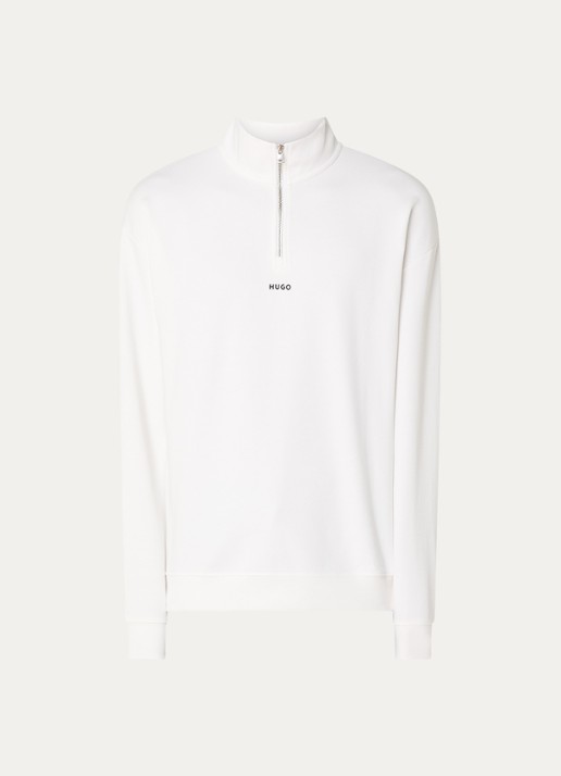 HUGO Sweatshirt van katoenen badstof met logo en ritskraag - voorkant 3 beige