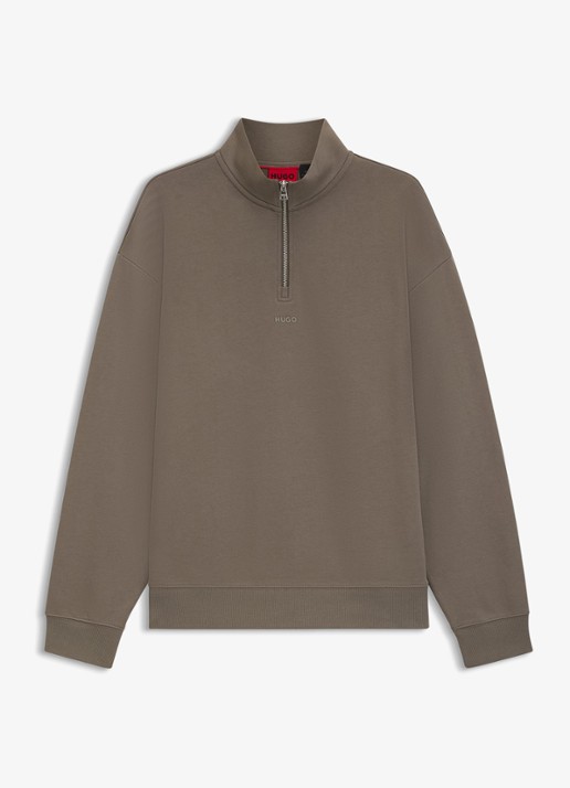 HUGO Sweatshirt van katoenen badstof met logo en ritskraag - voorkant 2 middengrijs