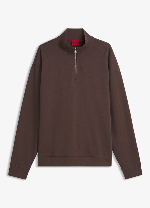 HUGO Sweatshirt van katoenen badstof met logo en ritskraag - voorkant 4 brown overflow-903 / bruin
