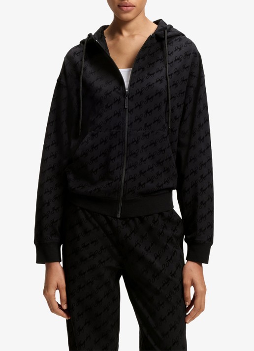 HUGO Sweatvest met capuchon en flockprint - detail zwart
